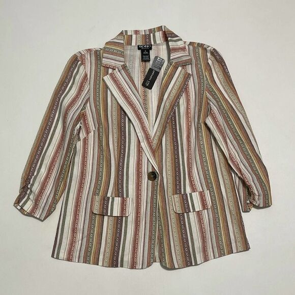 Soho Apparel Striped Linen One Button Ruched‎ Sleeve Blazer White Orange Medium - Picture 7 of 15